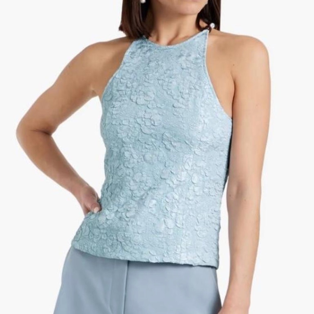 GANNI baby blue bead-embellished cloqué top with zip enclosure